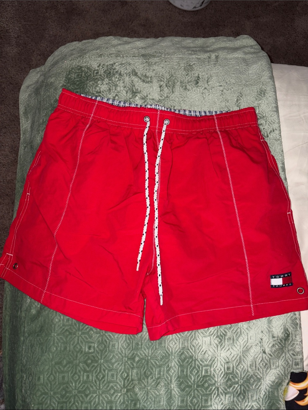 Tommy Hilfiger Men's Red Athletic Swim Shorts with Drawstring
